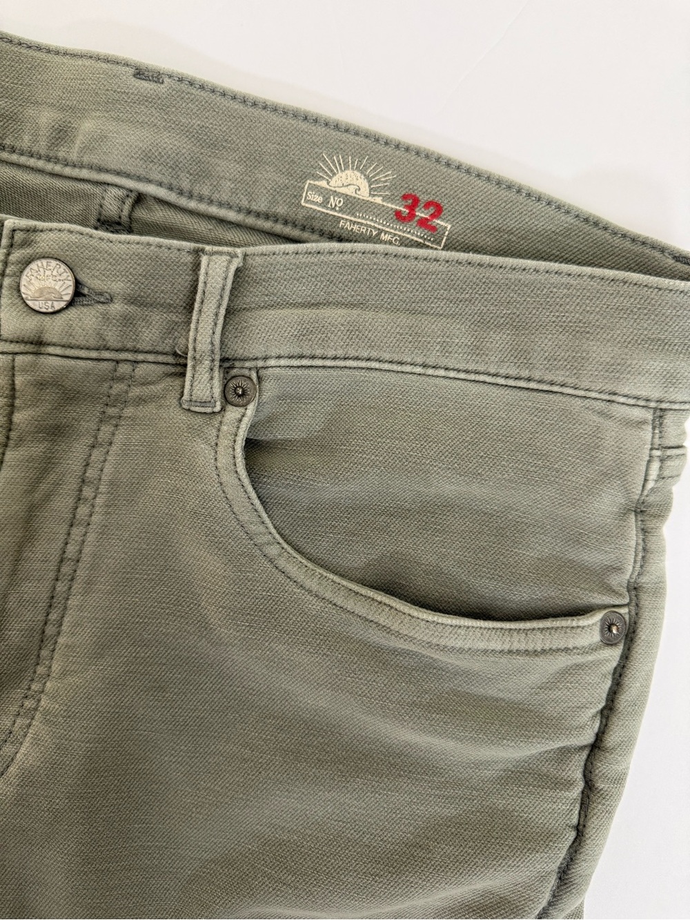 Faherty Stretch Terry 5-Pocket Faded Olive Slim Fit Pants Men’s 32x31